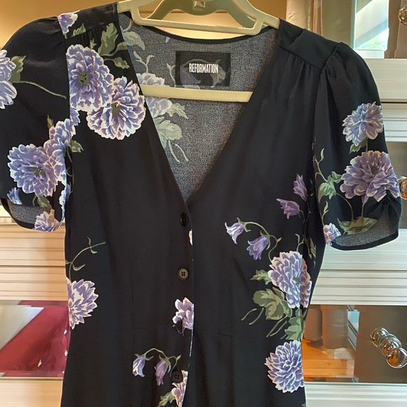 black reformation jumpsuit with purple flowers - Picture 3 of 3